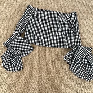 Black and white Plaid Off the Shoulder Flare Sleeve Top